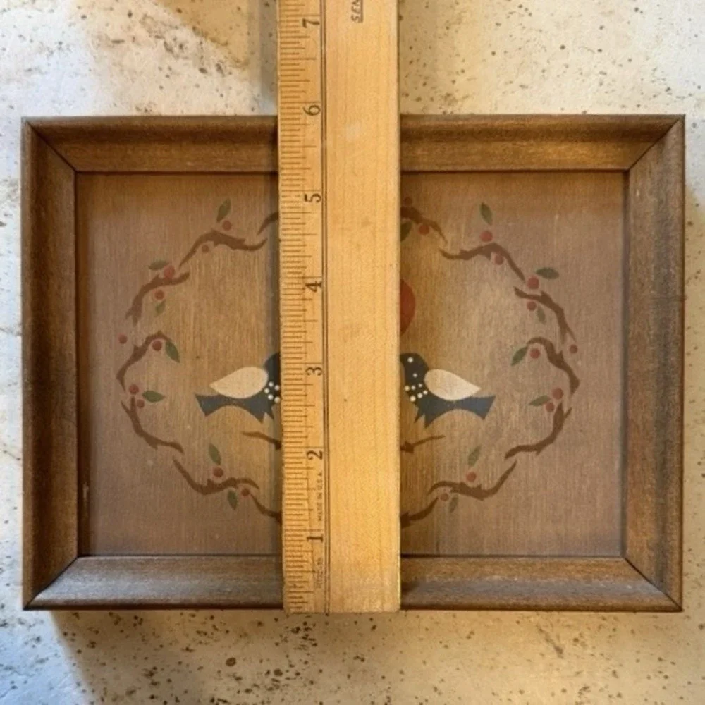 VTG 80s Wood Hand Painted Framed Art Cottage Core Granny Country Birds Heart 8x6
